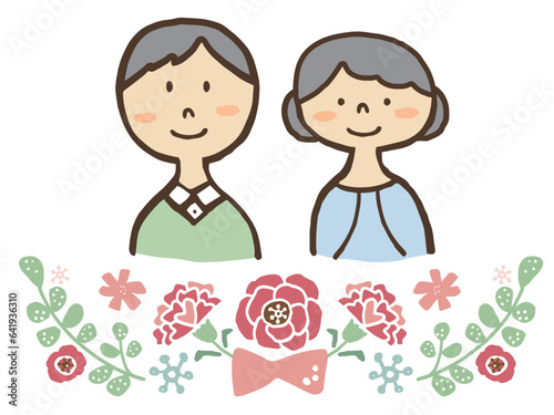 かわいい敬老の日のおじいちゃんとおばあちゃんと花／手描きイラスト素材