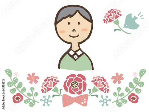 かわいい敬老の日のおじいちゃんと花／手描きイラスト素材