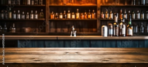 Stylish interior on blurred background. Vintage vibes. Rustic cafe with empty wooden table for place product. Bottles and blurs. Abstract display