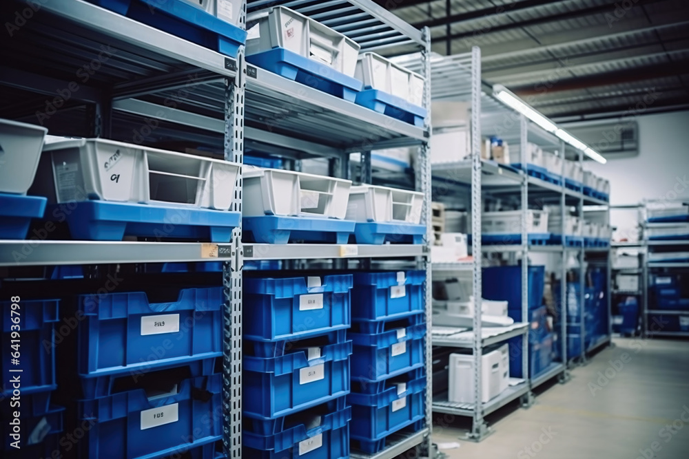 A large warehouse filled with neatly stacked plastic containers and boxes. Large space for storing and moving goods. Logistics. Trade in the modern world. A large warehouse filled with neatly stacked plastic containers and boxes. Large space for storing and moving goods. Logistics. Trade in the modern world.