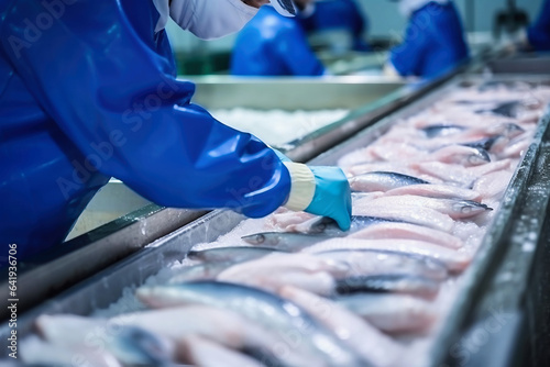 Fish processing plant. Production Line. People sort the fish moving along the conveyor. Sorting and preparation of fish. Production of canned fish. modern food industry.