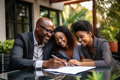 The African American family enters into a lease or purchase agreement for real estate. Business meeting when renting and buying a house, apartment. Mortgage. Affordable housing. © Anoo