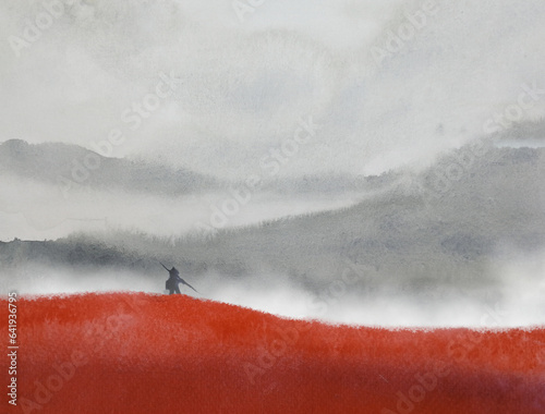 watercolor landscape red field mountain fog and the man stand alone. traditional oriental ink asia art style