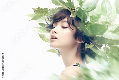 A portrait of beauty woman with nature green leaf, Asia face perfect healthy glow skin on white background. Generative AI.