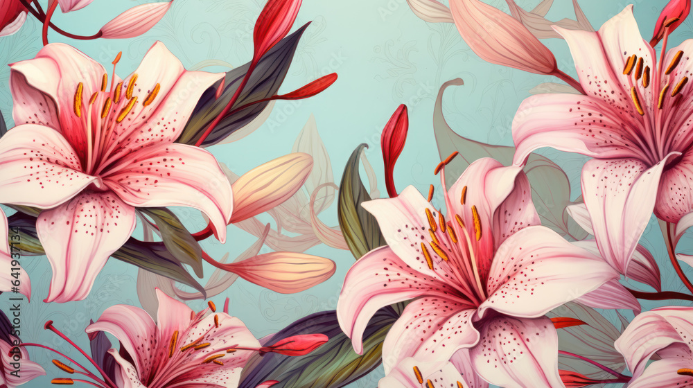 pattern drawing of Beautiful lily flower on the pastel background - obrazy, fototapety, plakaty 