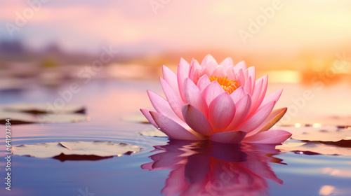 close-up the pink lotus flower on the lake