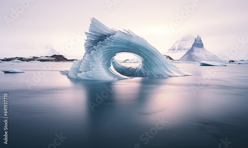 Photo of a massive iceberg floating in a serene body of water