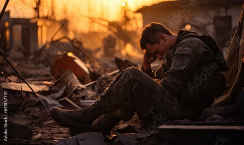 Photo of a soldier sitting amidst destruction in a war-torn landscape