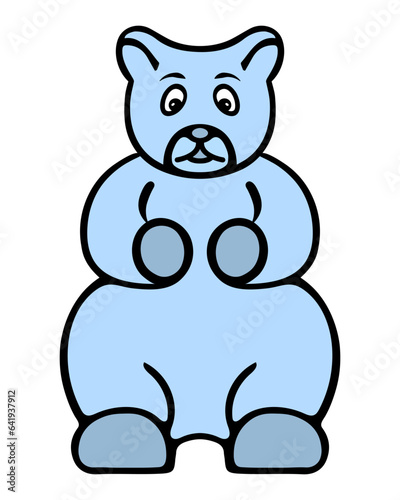 Blue gummy bear. A sweet jelly treat in the shape of an animal. Color vector illustration. Isolated background. Cartoon style. Delicious dessert for kids. Idea for web design.