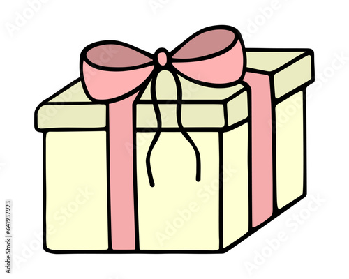 Gift in a square yellow box. The surprise is tied with pink ribbons and decorated with a bow. Color vector illustration. Isolated background. Cartoon style. Holiday package delivery. Birthday. 