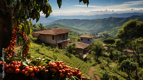 Coffee farm in Manizales, Colombia, Bright color. Generative Ai