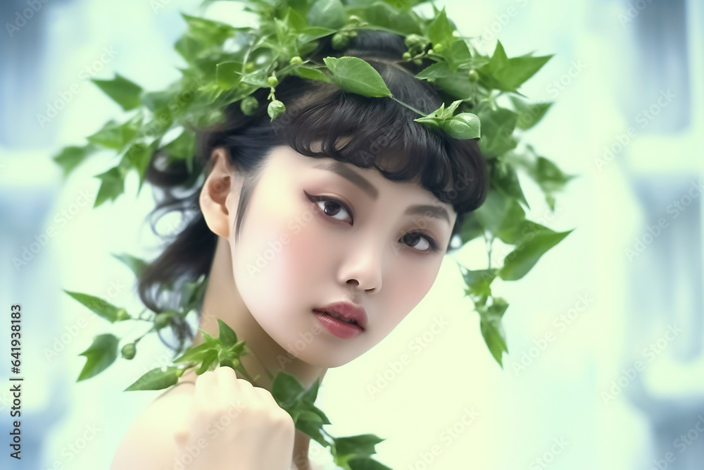 In an illusionary digital painting, a half portrait of a beautiful woman with Asian features is framed by flowing green leaves against a white backdrop. Generative AI.
