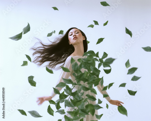 In an illusionary digital painting  a half portrait of a beautiful woman with Asian features is framed by flowing green leaves against a white backdrop. Generative AI.