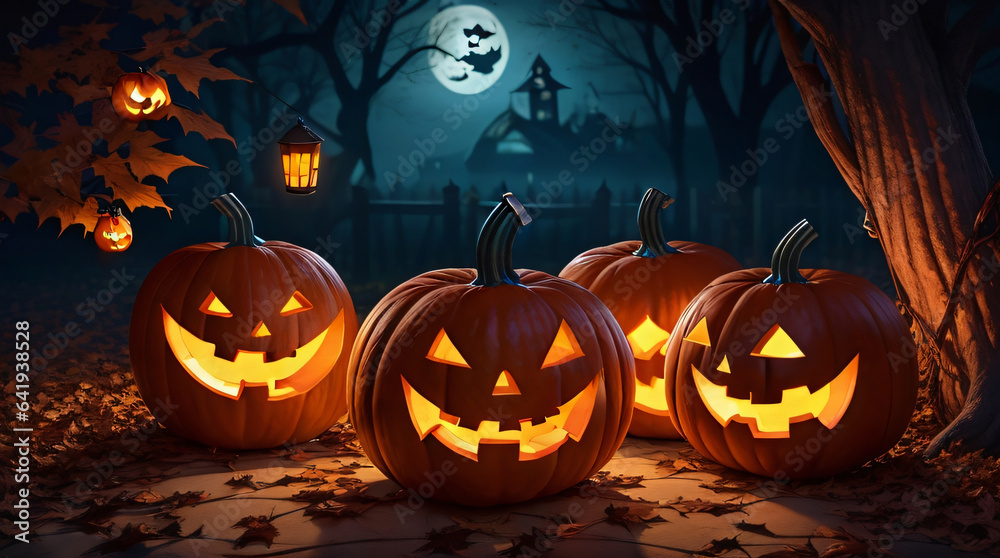 Halloween background with scary pumpkins candles and bats in a dark forest at night ai generative
