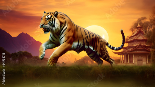 Fantastic tiger at beautiful sunset in asian history. AI generated