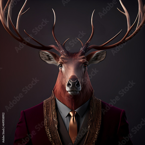 Realistic lifelike elk in dapper high end luxury formal suit and shirt, commercial, editorial advertisement, surreal surrealism