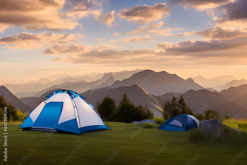Image of a camping tent situated in a serene natural hiking spot.Ai generated.