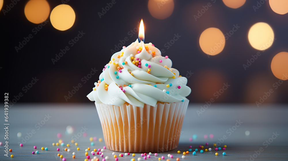 Cupcake, Happy Birthday, Tasty birthday cupcake with white cream icing and rainbow. Generative Ai