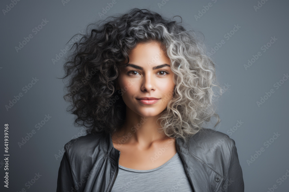 Portrait of a multicultural young woman with curly white hair in a studio shot Portrait of a multicultural young woman with curly white hair in a studio shot