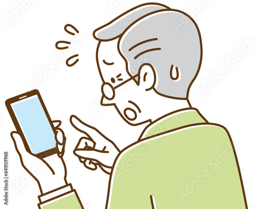 スマホの操作で困っているシニア男性の後ろ姿