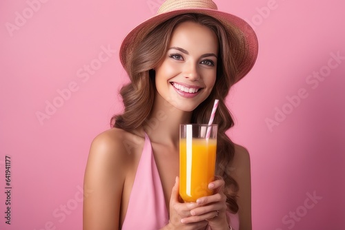 woman drinking orange juice on pink background