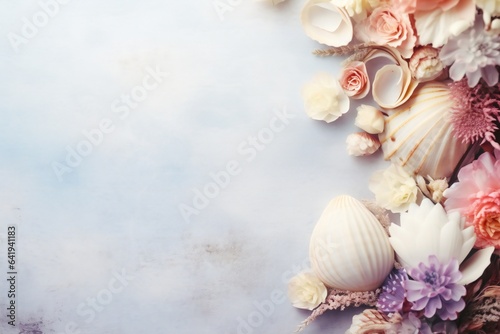 Seashells and flowers frame . Empty space for romantic love story.