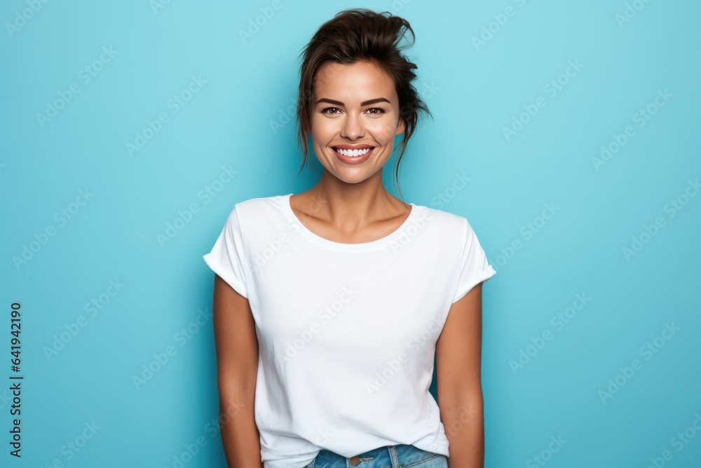 Close up of a young adult 30s age woman smiling and wearing a white t-shirt on a turquoise background. Healthy face skin care beauty, skincare cosmetics, dental. Close up of a young adult 30s age woman smiling and wearing a white t-shirt on a turquoise background. Healthy face skin care beauty, skincare cosmetics, dental.