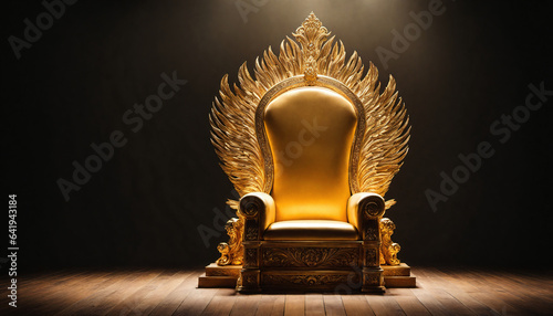 empty royal king throne made of gold with golden flame feder decoration on black background with light shining from top, generative AI