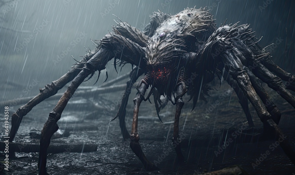 Photo of a giant spider with glowing eyes in the rain - obrazy, fototapety, plakaty 