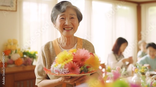 Fotografiet シニアと笑顔、花をプレゼントされて喜ぶ日本人女性