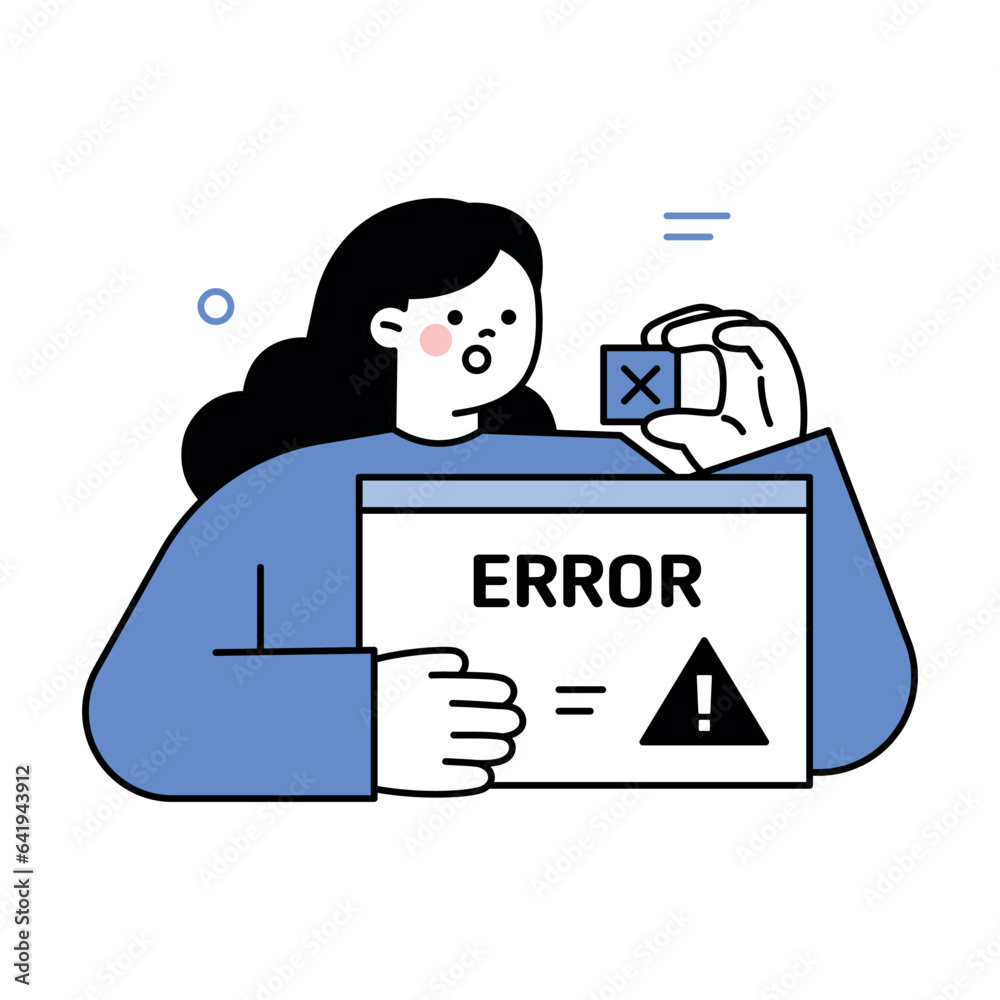 Naklejka premium A business woman is holding a webpage with an error message. Business People. Vector design in blue monocolor with outline.