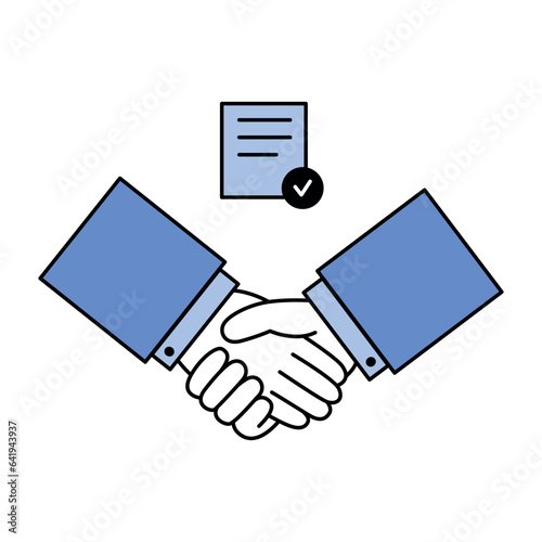 Partnership concept shaking hands and contract. Business People. Vector design in blue monocolor with outline.