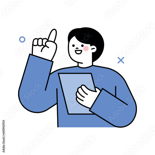 A business man is holding a document and explaining it. Business People. Vector design in blue monocolor with outline.