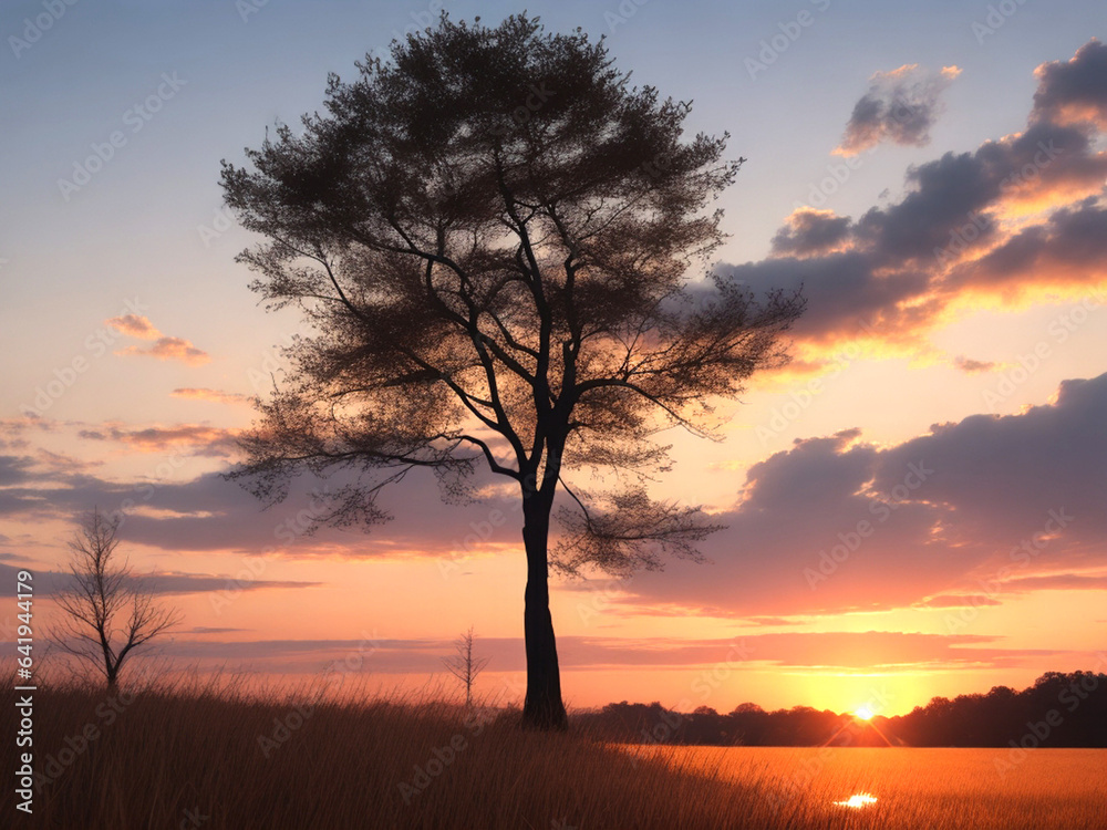 Single tree on field during sunset