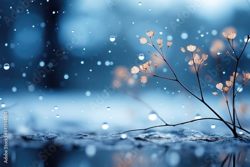 A captivating close-up revealing a branch adorned with delicate leaves, while blurred raindrops in the background add a touch of natural beauty. Photorealistic illustration, Generative AI