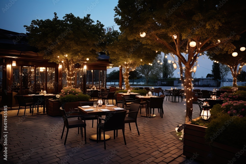 Luxury restaurant with tables and chairs in the evening. Restaurant exterior