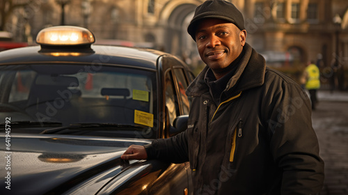 Handsome african american taxi driver near car on city street © PaulShlykov