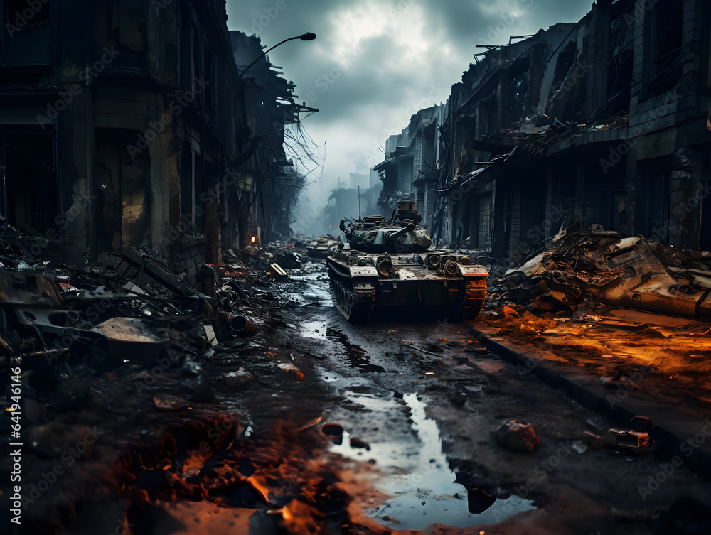 Destroyed town with collapsing structures and tank after war.