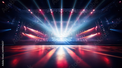 Online event entertainment concept. Background for concert. Blue and red stage spotlights. Empty stage with blue spotlights. © PaulShlykov
