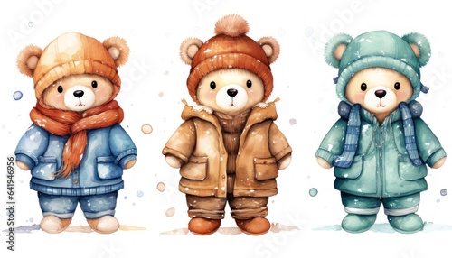 Adorable Watercolor Teddy Bear Wearing Various Clothes AI Generated