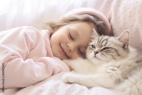 Affectionate Cat Kissing Newborn Human Baby on Pastel Background AI Generated