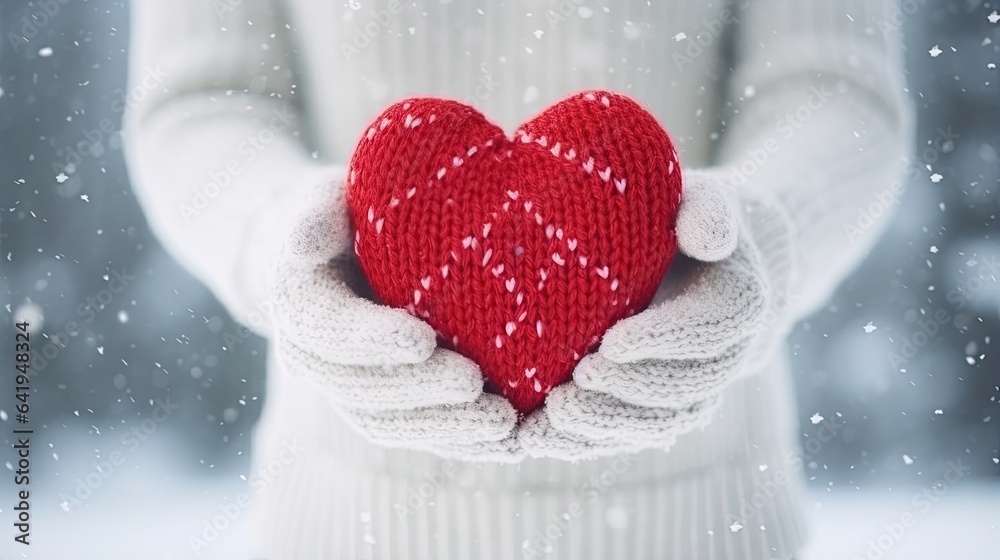 Fototapeta premium Female hands in mittens holding red heart on snowy winter background