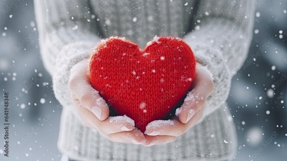 Female hands in mittens holding red heart on snowy winter background