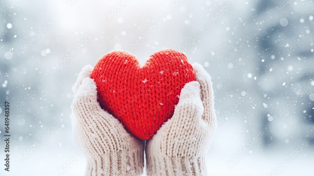Female hands in mittens holding red heart on snowy winter background Female hands in mittens holding red heart on snowy winter background