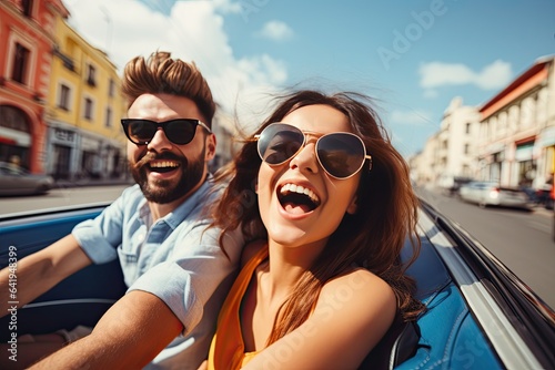 Happy young couple driving a convertible car on a city street. Summer vacation and travel concept