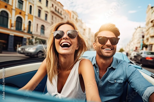 Happy young couple driving a convertible car on a city street. Summer vacation and travel concept