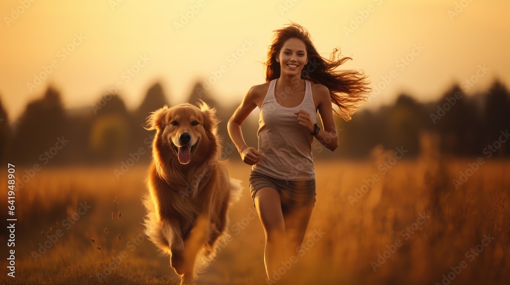 Obraz premium happy golden retriever dog is running with the woman, the owner for exercise in the morning sunrise.