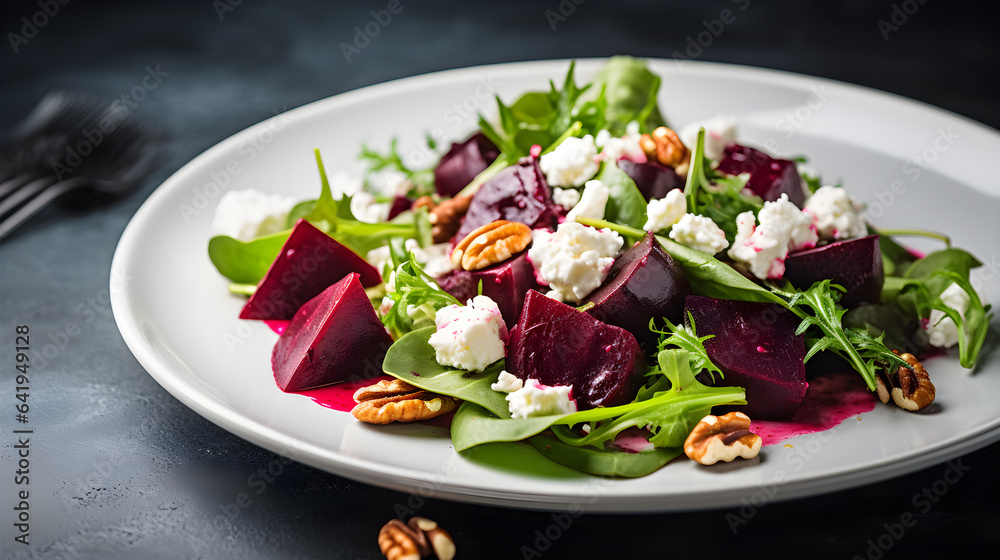 Fresh Salad with Beetroot, Feta Cheese, and Pecans, Healthy Vegetarian Meal on Grey Background Fresh Salad with Beetroot, Feta Cheese, and Pecans, Healthy Vegetarian Meal on Grey Background