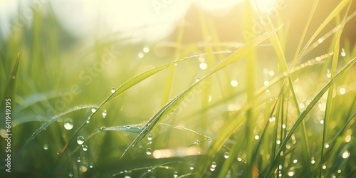 Glistening Morning Dew on Grass. Fresh blades of grass covered in sparkling morning dewdrops. photo