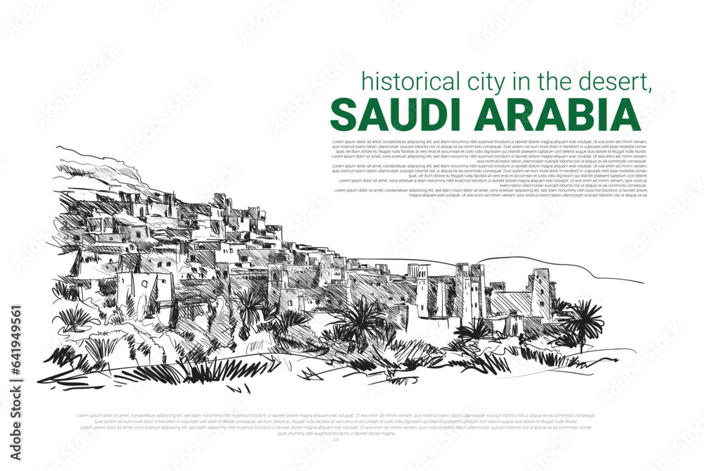 Historical  city in the desert, Saudi Arabia Vector Illustration. 